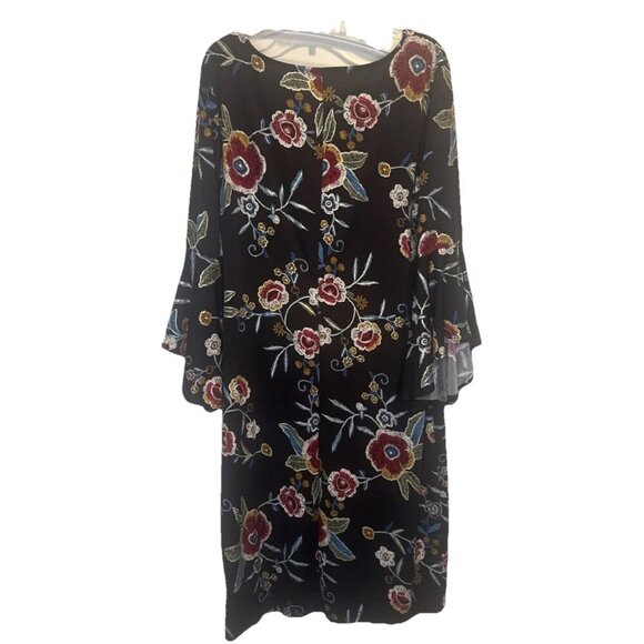 Olivia Matthews Black Colorful Floral Tunic Dress 3/4 Bell Sleeve Sz L Stretch - Picture 4 of 7